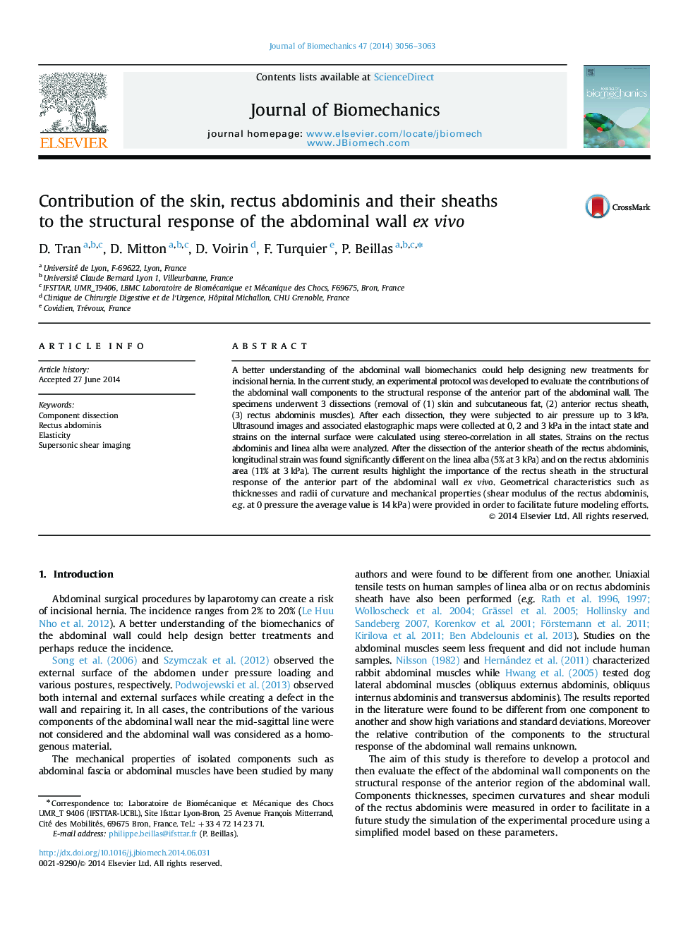 Contribution of the skin, rectus abdominis and their sheaths to the structural response of the abdominal wall ex vivo