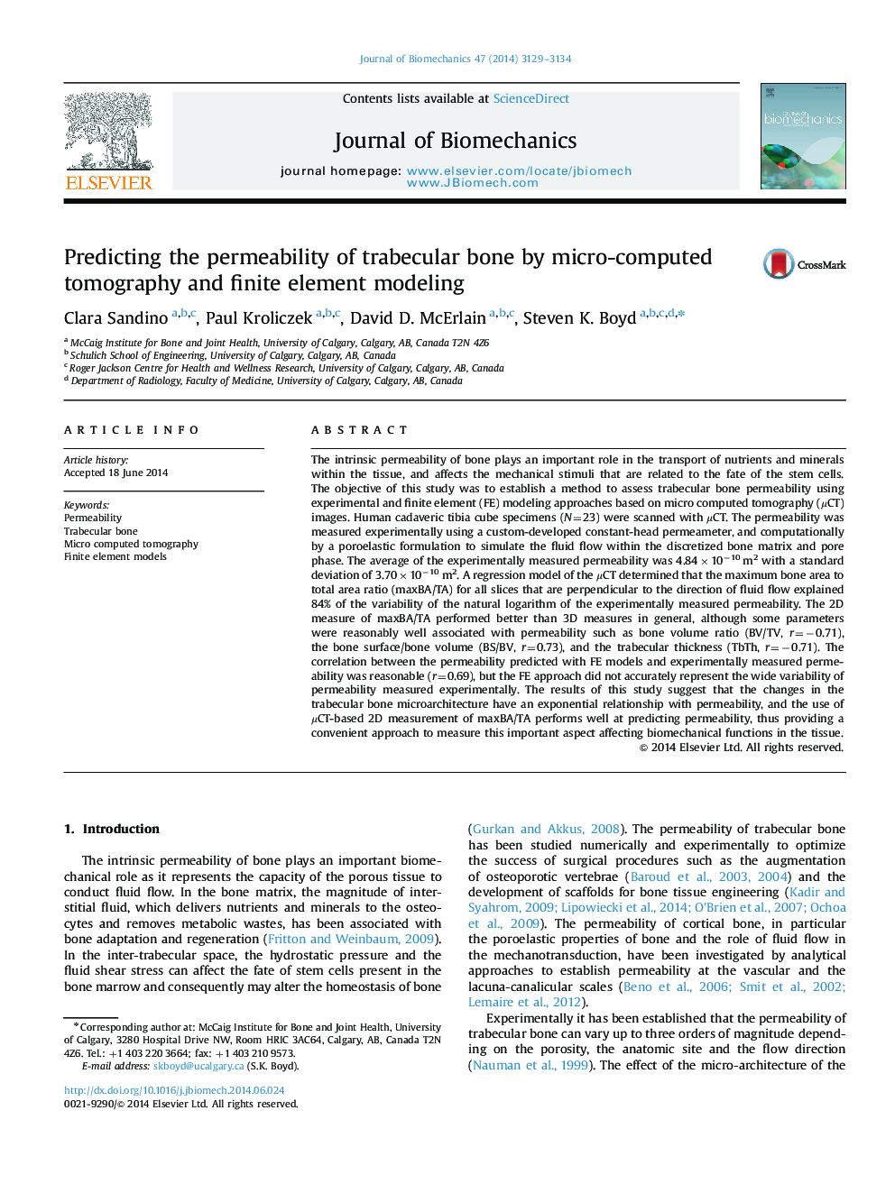 Predicting the permeability of trabecular bone by micro-computed tomography and finite element modeling