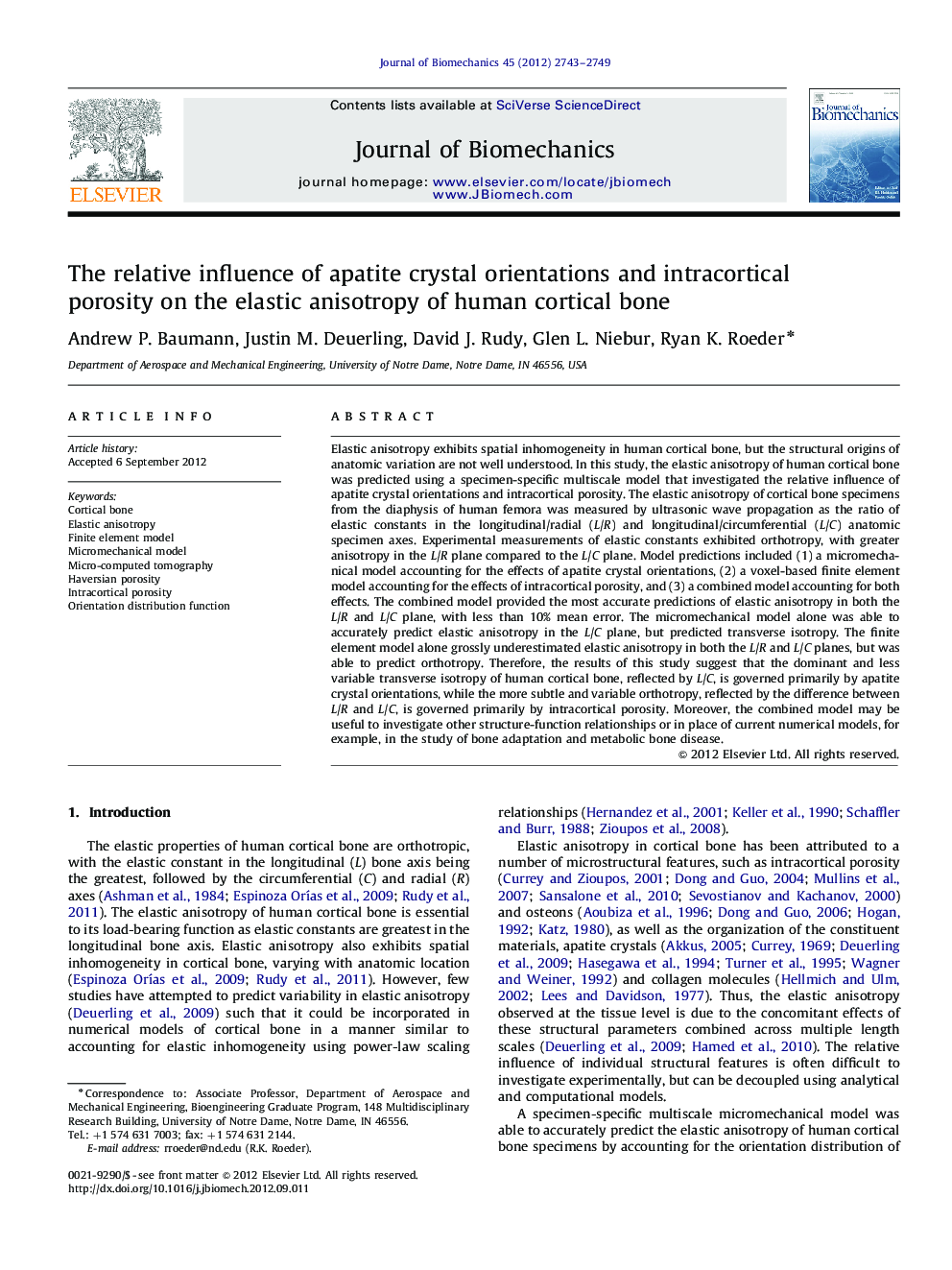 The relative influence of apatite crystal orientations and intracortical porosity on the elastic anisotropy of human cortical bone