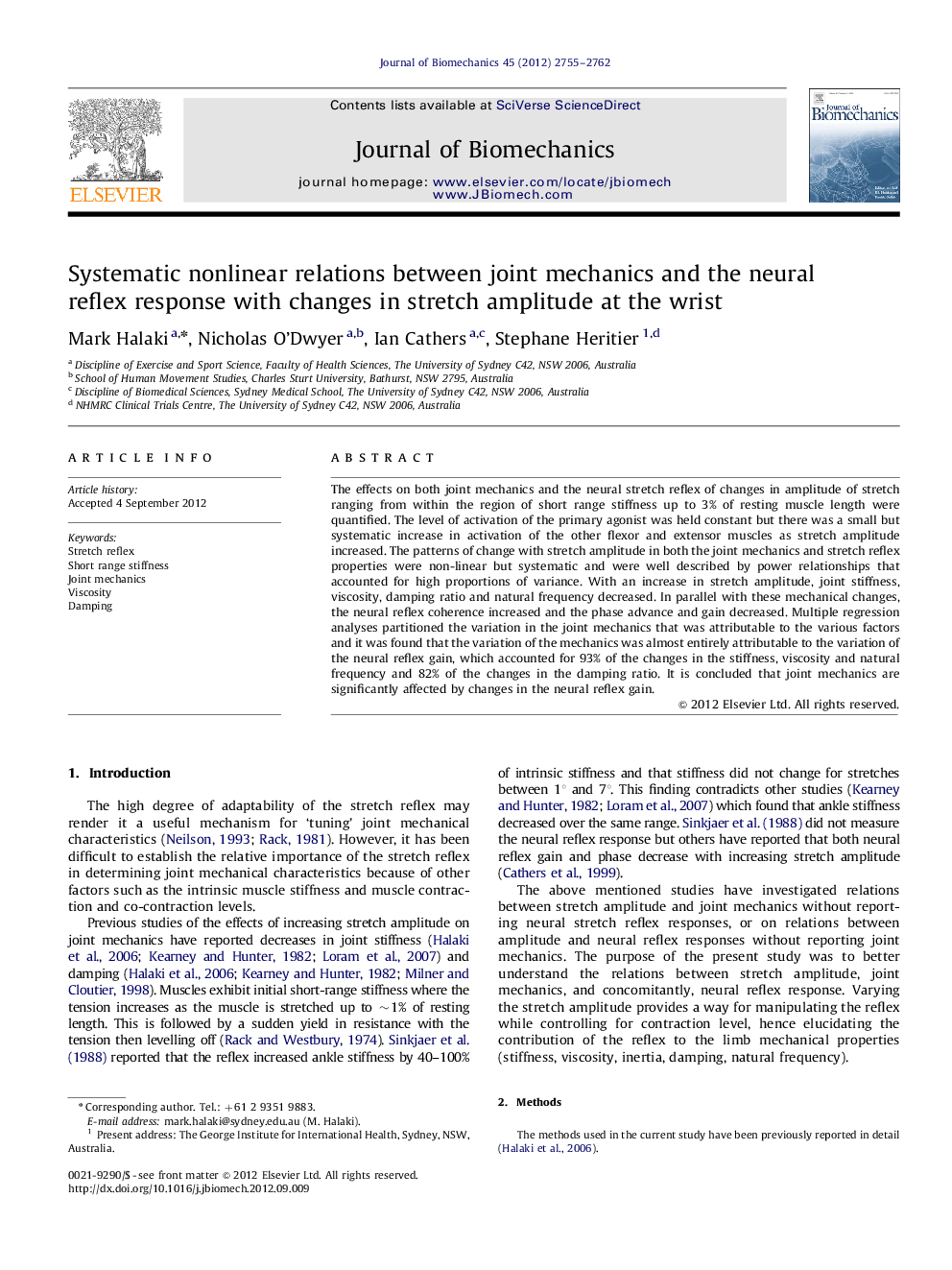 Systematic nonlinear relations between joint mechanics and the neural reflex response with changes in stretch amplitude at the wrist