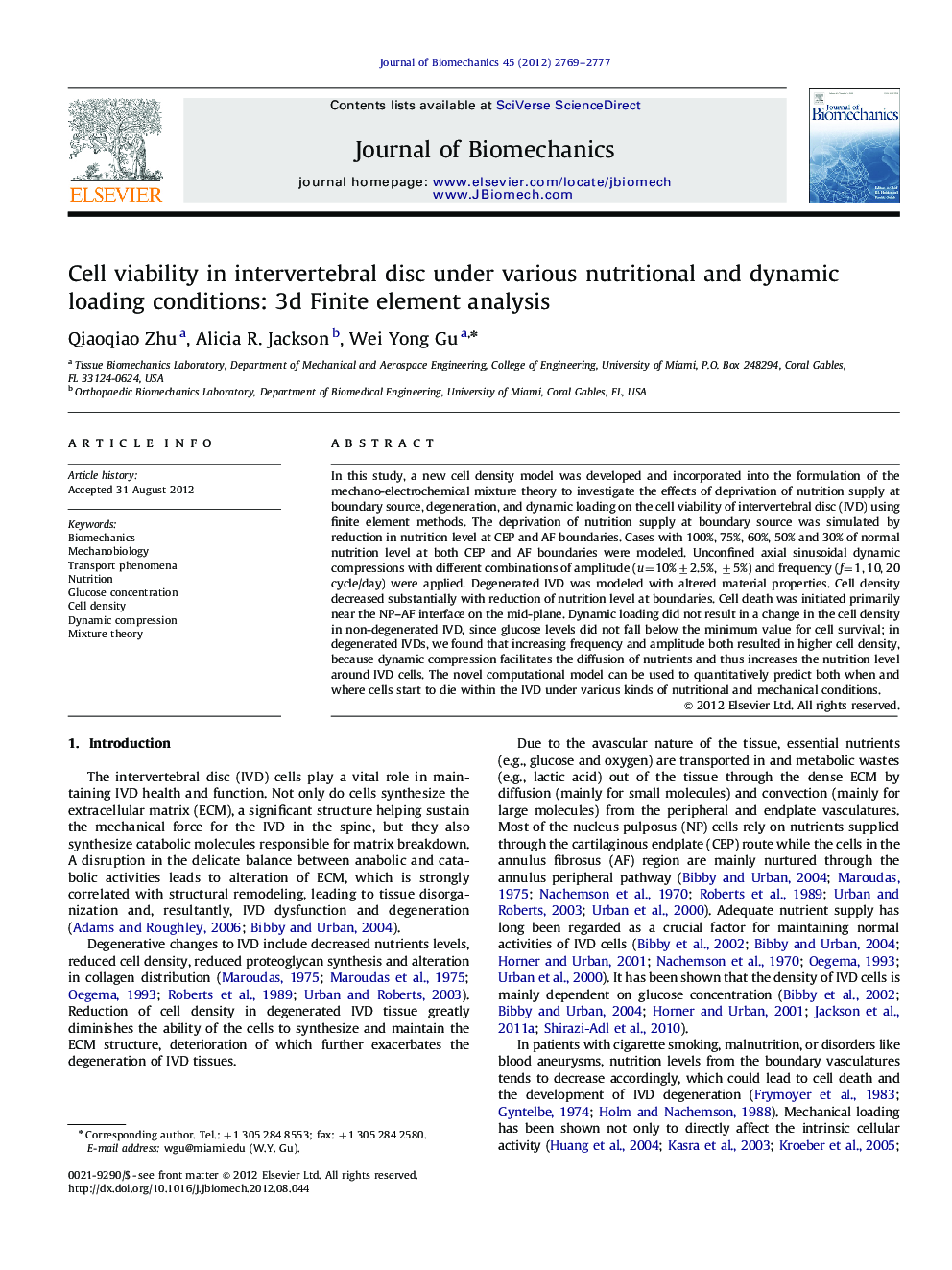 Cell viability in intervertebral disc under various nutritional and dynamic loading conditions: 3d Finite element analysis