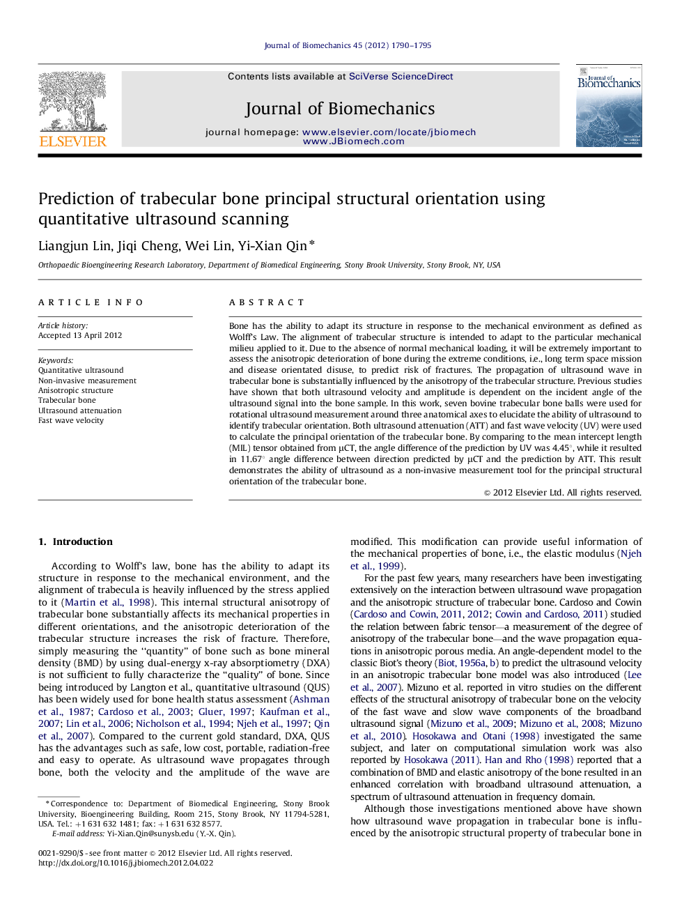 Prediction of trabecular bone principal structural orientation using quantitative ultrasound scanning