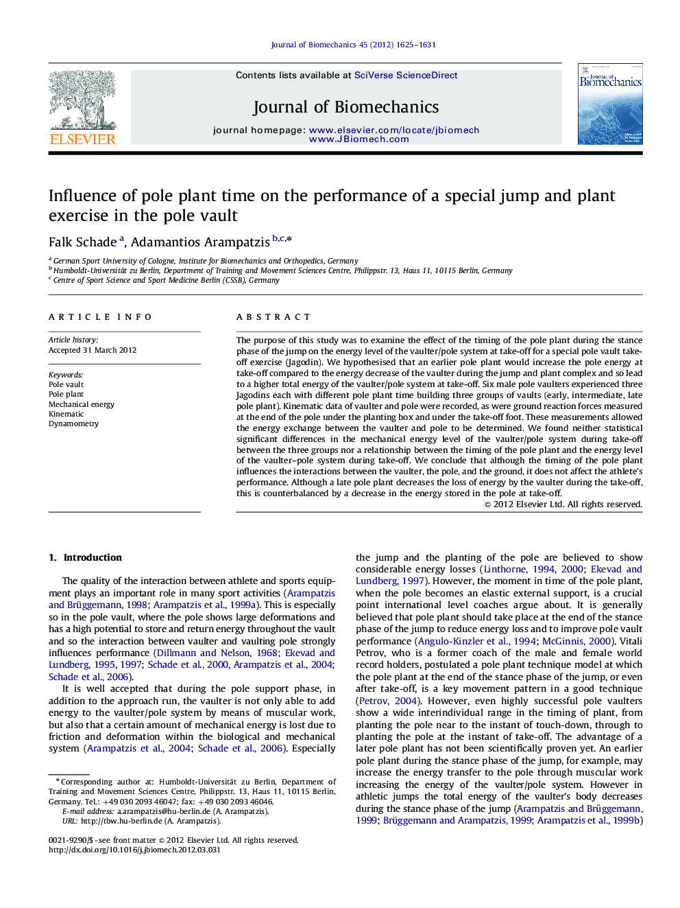 Influence of pole plant time on the performance of a special jump and plant exercise in the pole vault