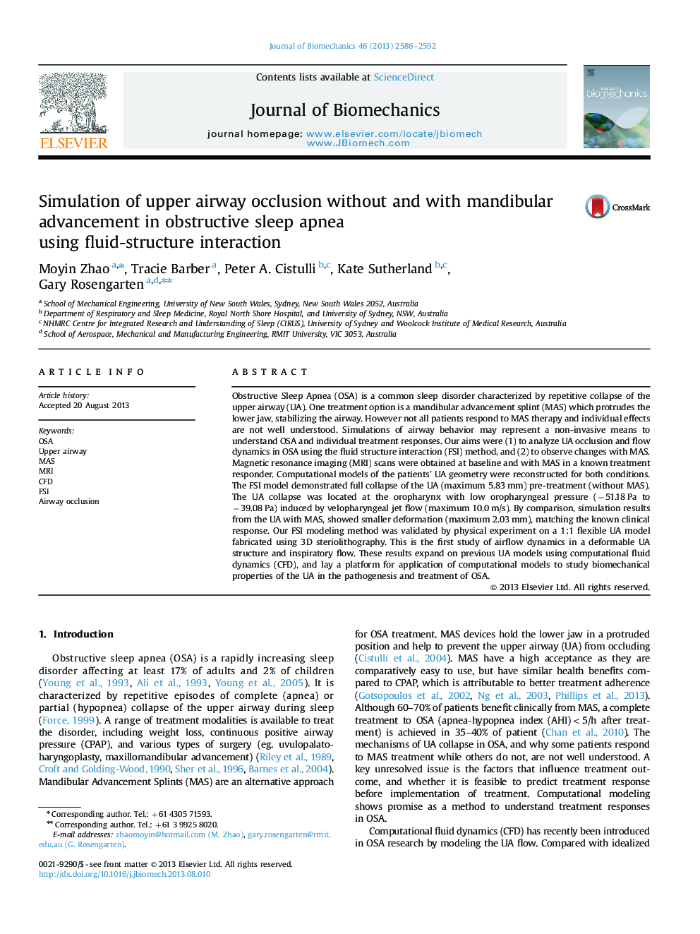 Simulation of upper airway occlusion without and with mandibular advancement in obstructive sleep apnea using fluid-structure interaction