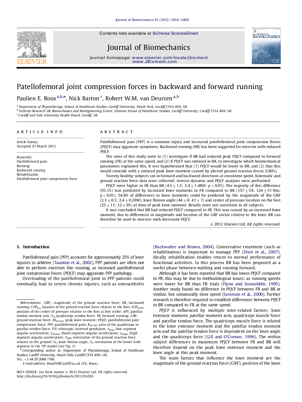 Patellofemoral joint compression forces in backward and forward running