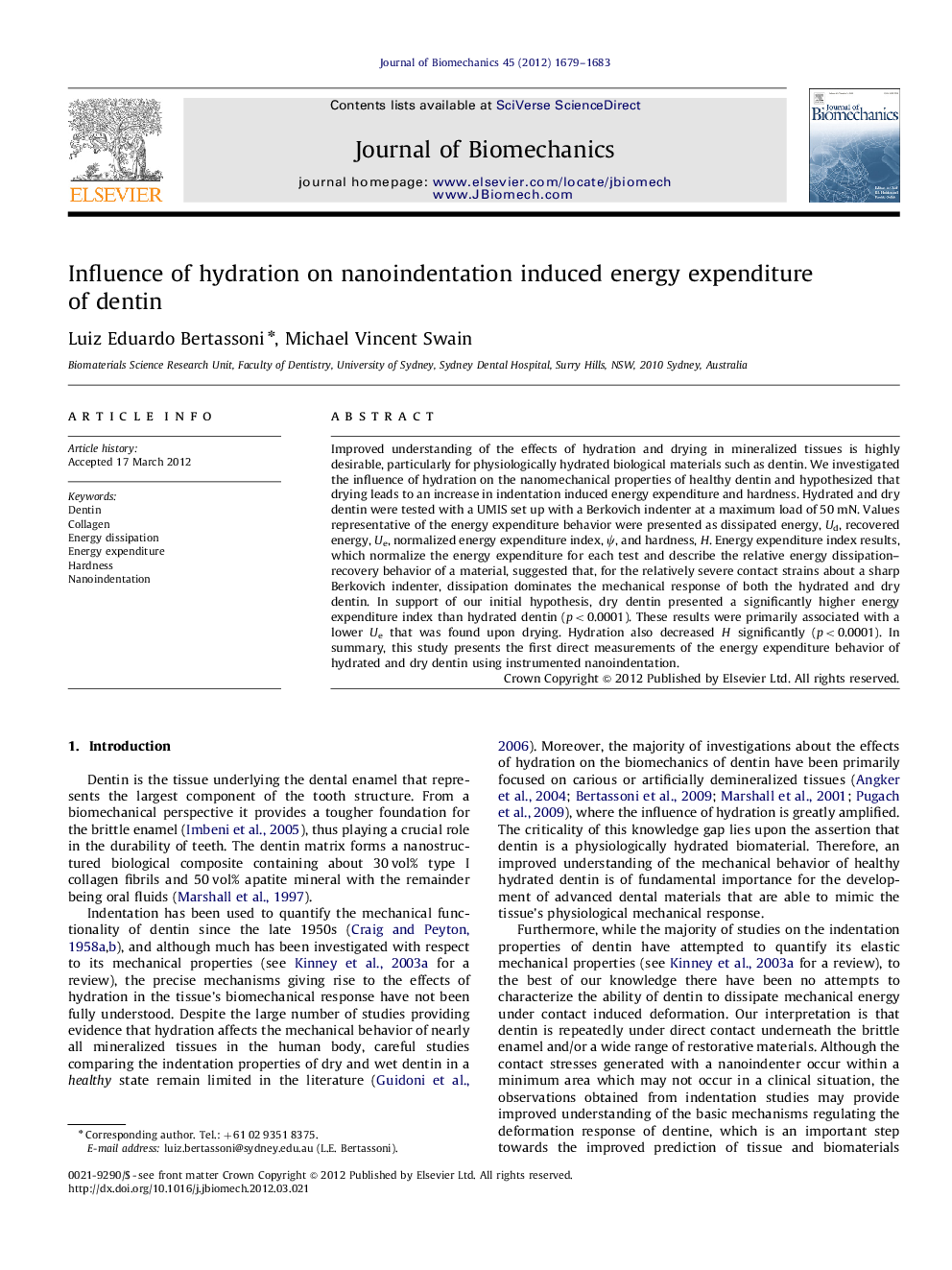 Influence of hydration on nanoindentation induced energy expenditure of dentin