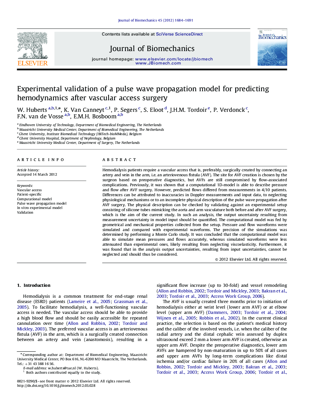 Experimental validation of a pulse wave propagation model for predicting hemodynamics after vascular access surgery