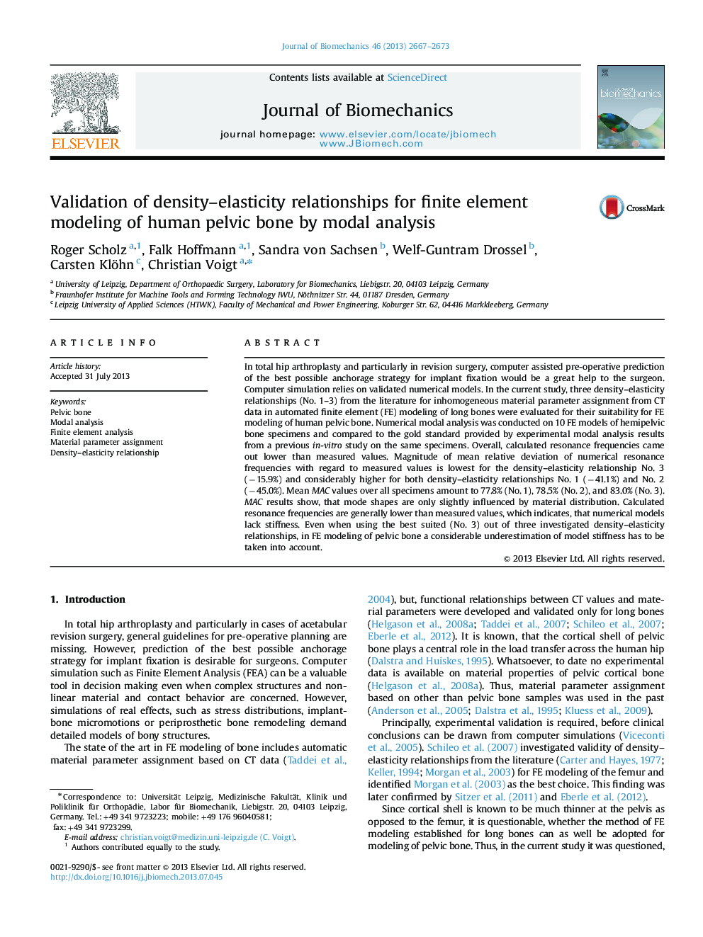 Validation of density-elasticity relationships for finite element modeling of human pelvic bone by modal analysis