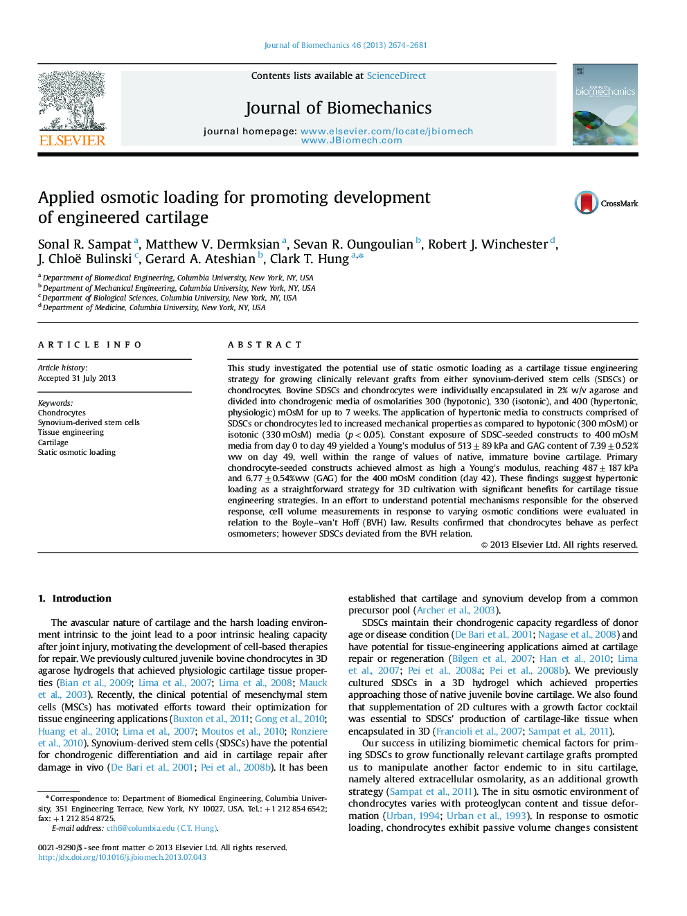 Applied osmotic loading for promoting development of engineered cartilage