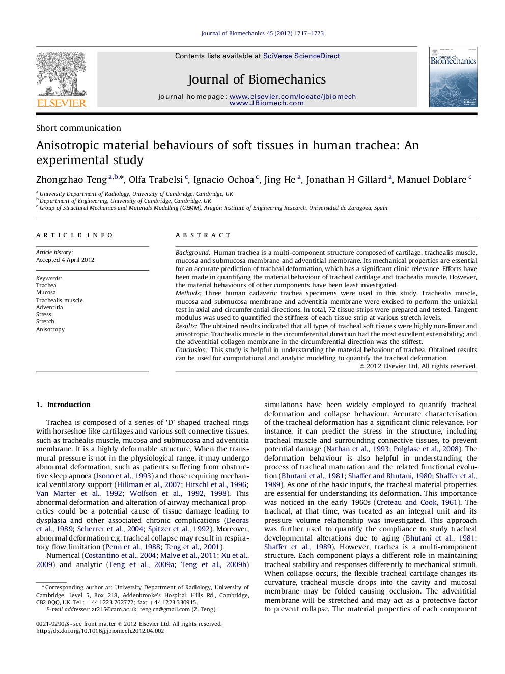 Anisotropic material behaviours of soft tissues in human trachea: An experimental study