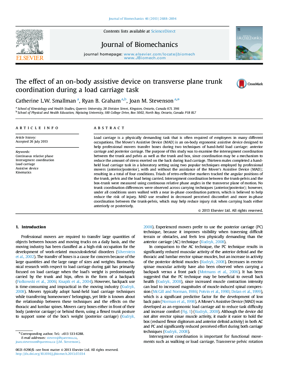 The effect of an on-body assistive device on transverse plane trunk coordination during a load carriage task