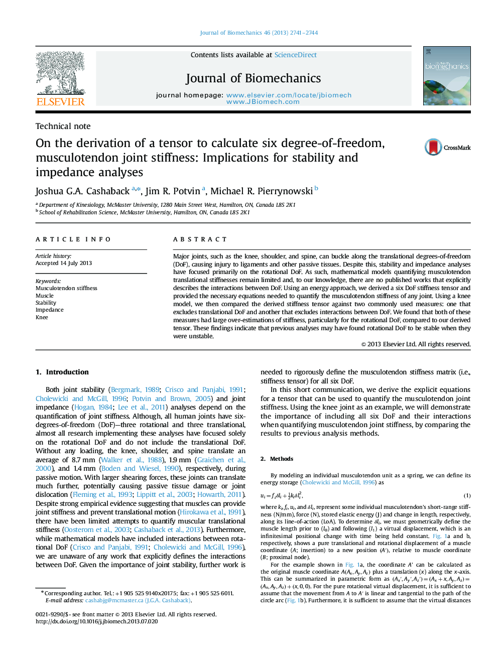 On the derivation of a tensor to calculate six degree-of-freedom, musculotendon joint stiffness: Implications for stability and impedance analyses