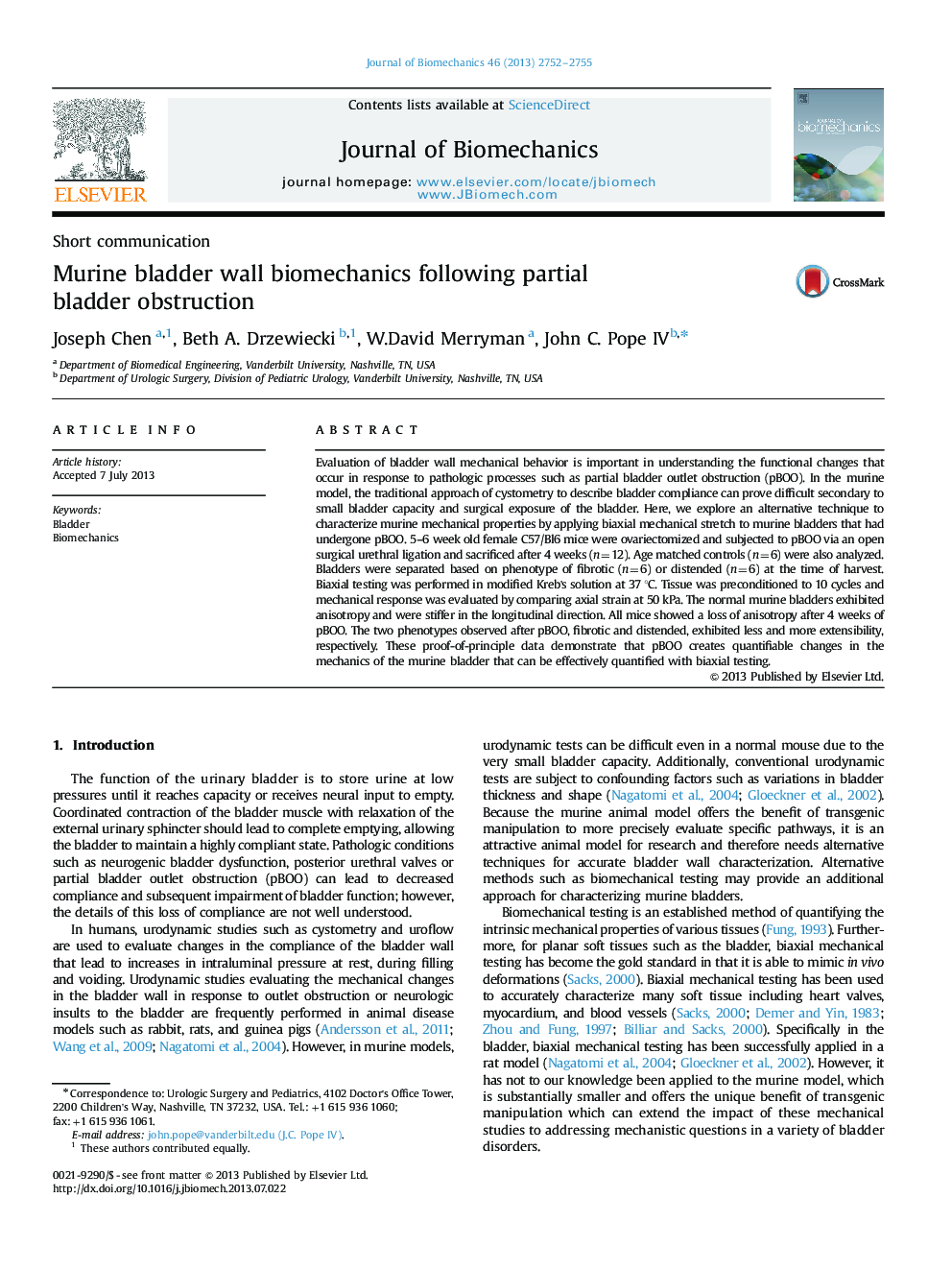 Murine bladder wall biomechanics following partial bladder obstruction