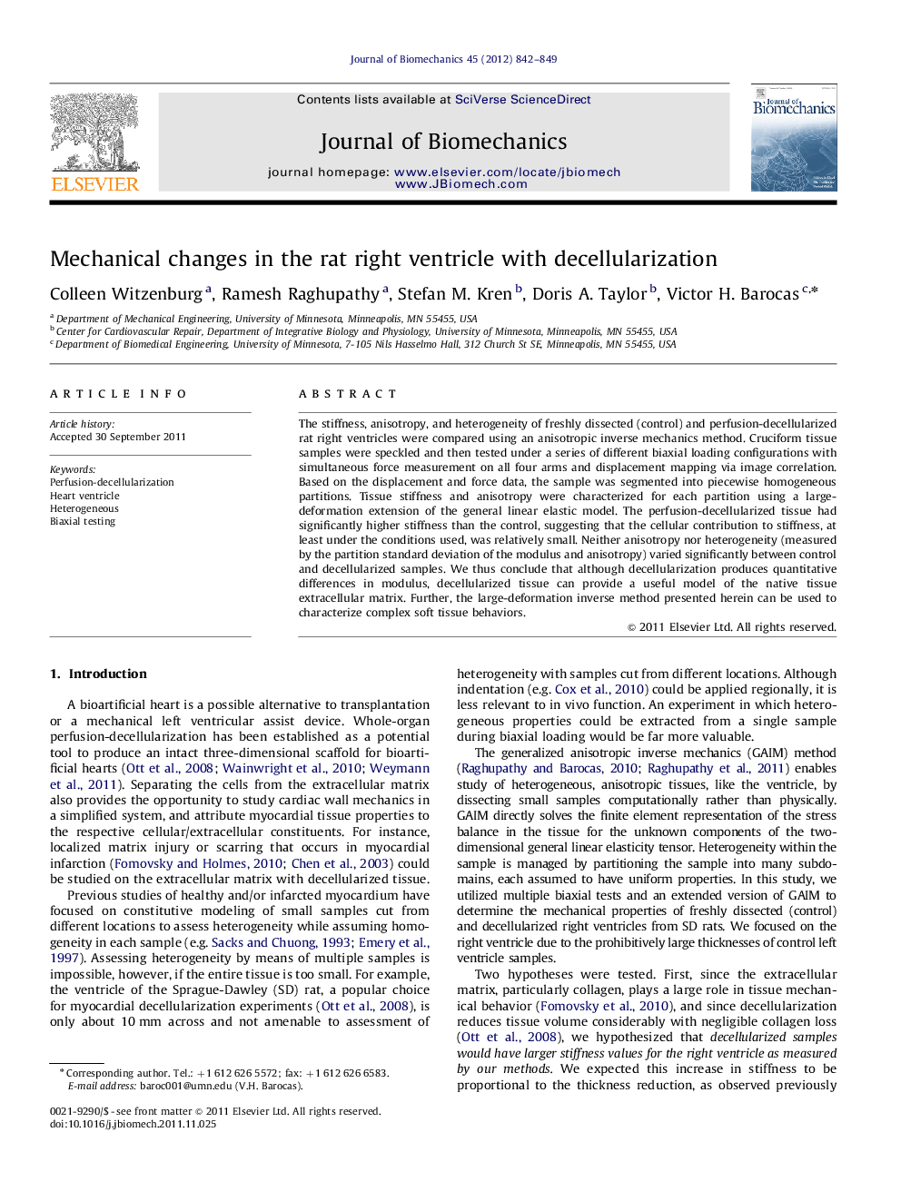 Mechanical changes in the rat right ventricle with decellularization