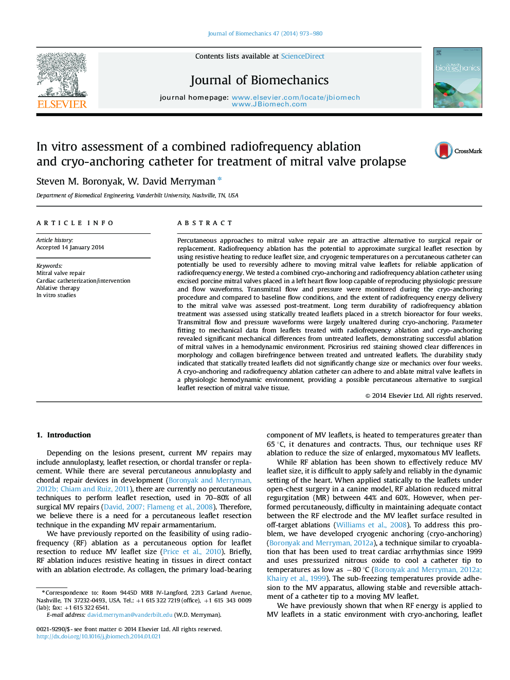 In vitro assessment of a combined radiofrequency ablation and cryo-anchoring catheter for treatment of mitral valve prolapse