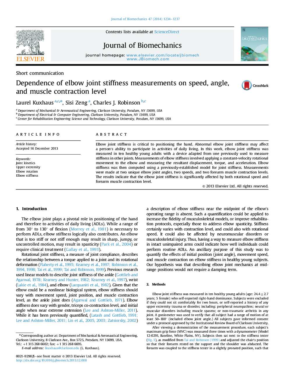 Dependence of elbow joint stiffness measurements on speed, angle, and muscle contraction level