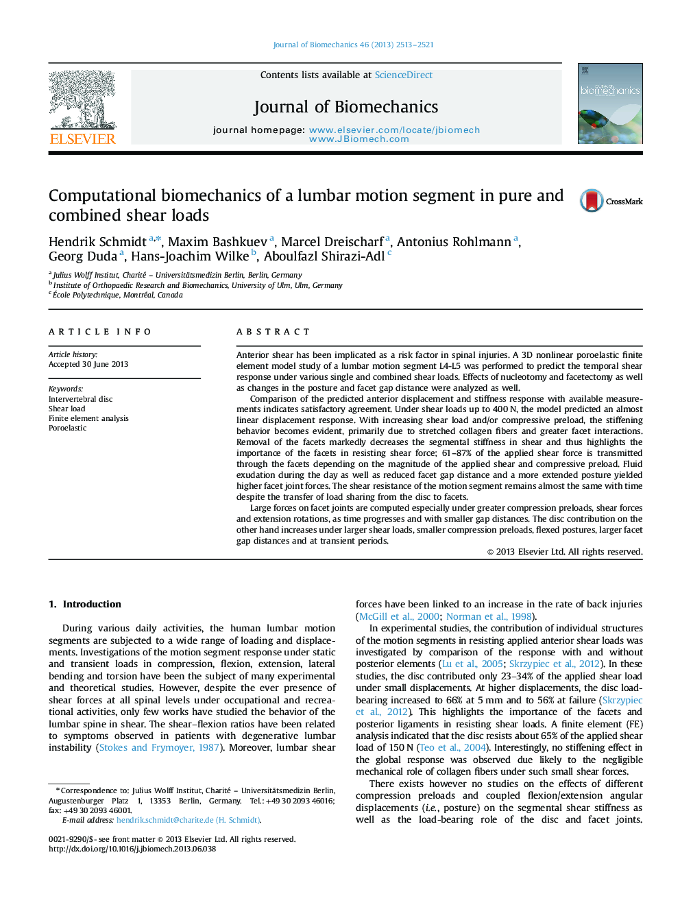 Computational biomechanics of a lumbar motion segment in pure and combined shear loads