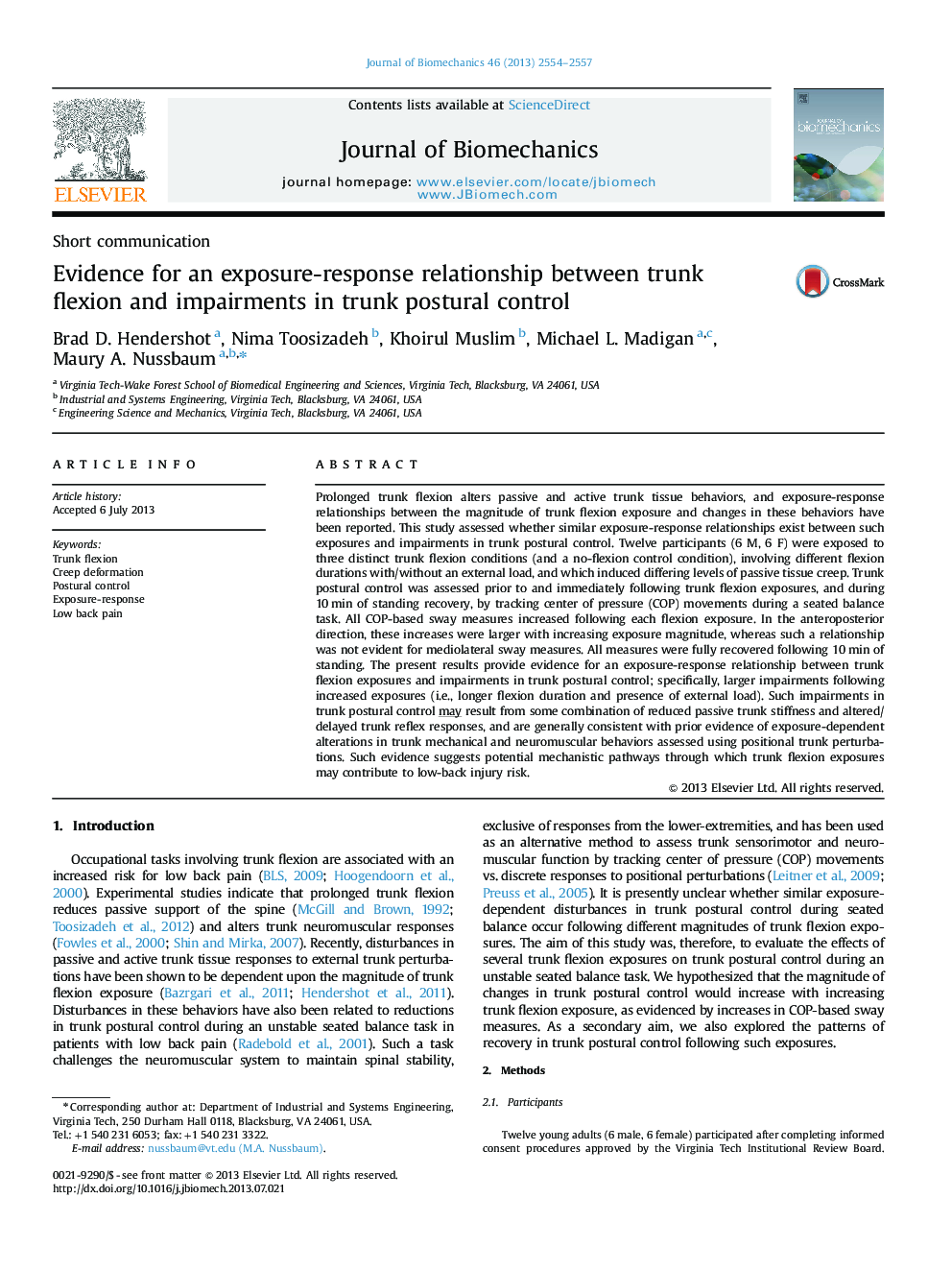 Evidence for an exposure-response relationship between trunk flexion and impairments in trunk postural control