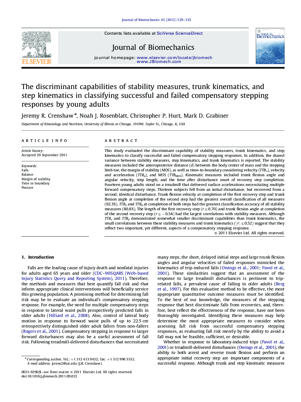 The discriminant capabilities of stability measures, trunk kinematics, and step kinematics in classifying successful and failed compensatory stepping responses by young adults