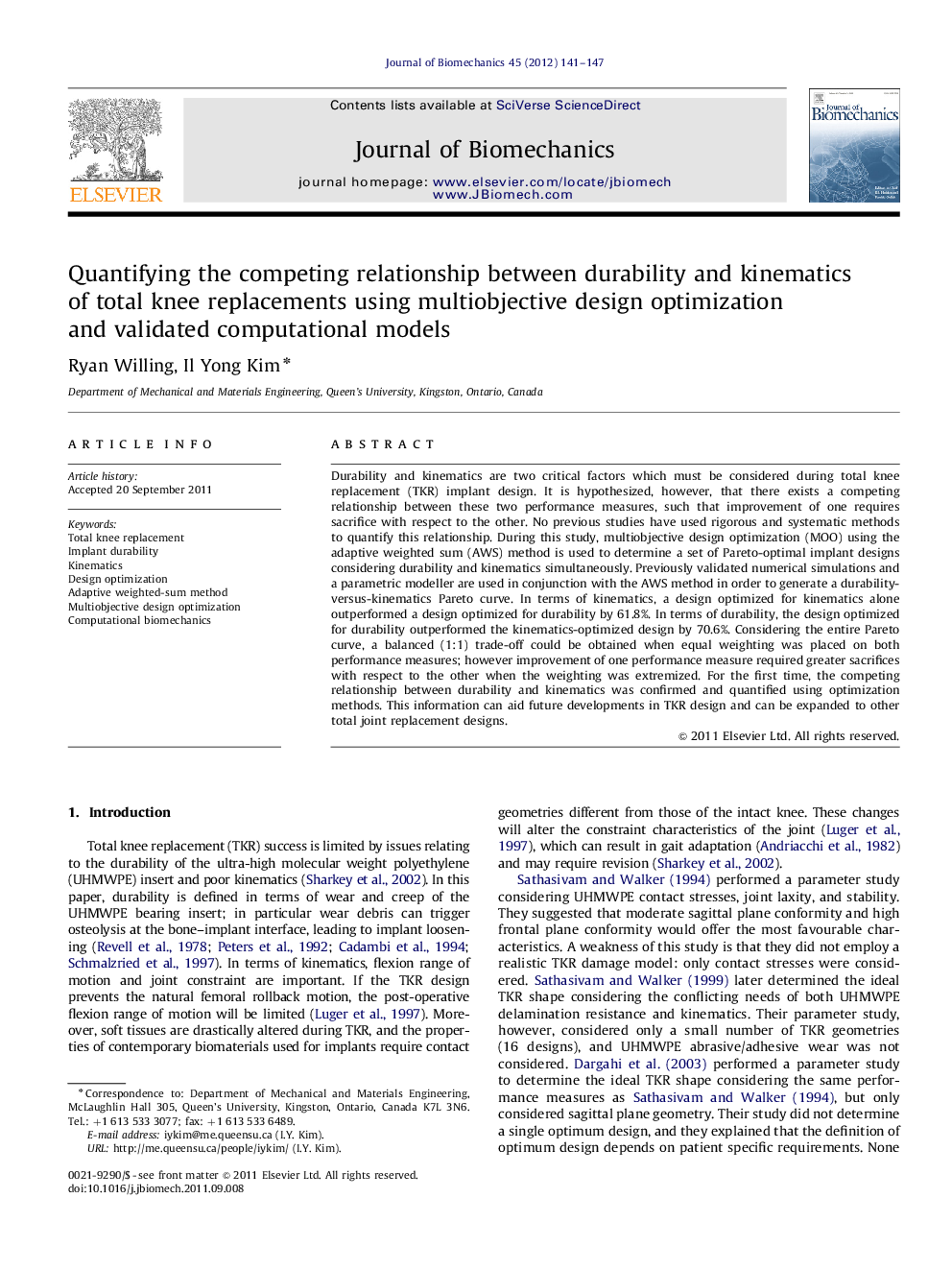 Quantifying the competing relationship between durability and kinematics of total knee replacements using multiobjective design optimization and validated computational models