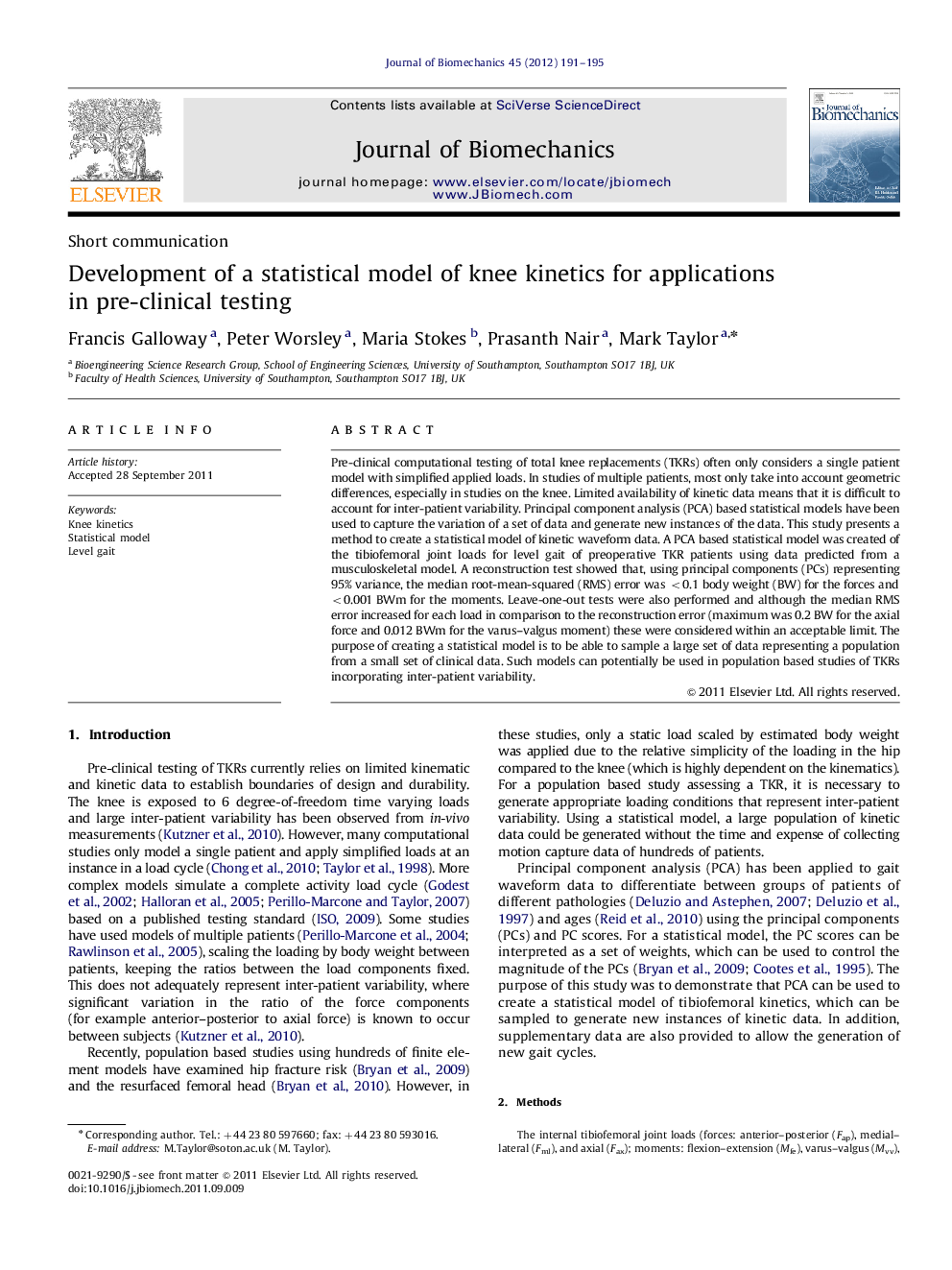 Development of a statistical model of knee kinetics for applications in pre-clinical testing