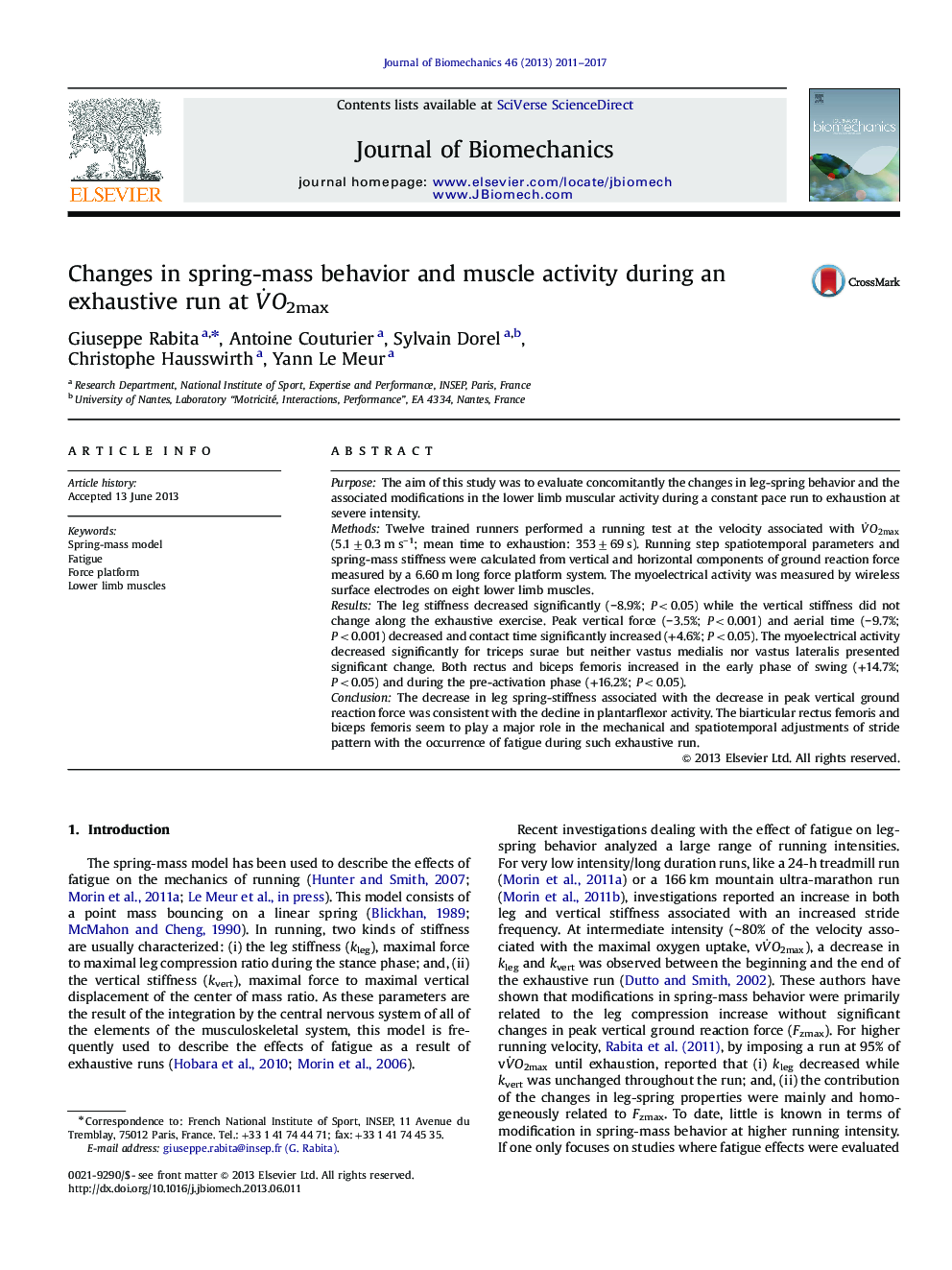 Changes in spring-mass behavior and muscle activity during an exhaustive run at VÌO2max