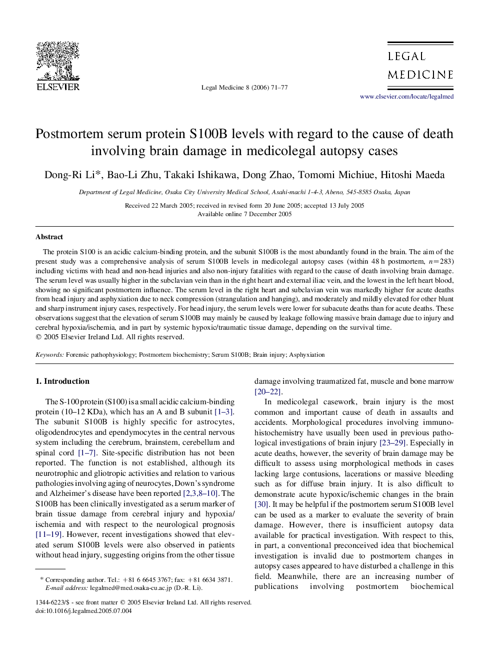 Postmortem serum protein S100B levels with regard to the cause of death involving brain damage in medicolegal autopsy cases