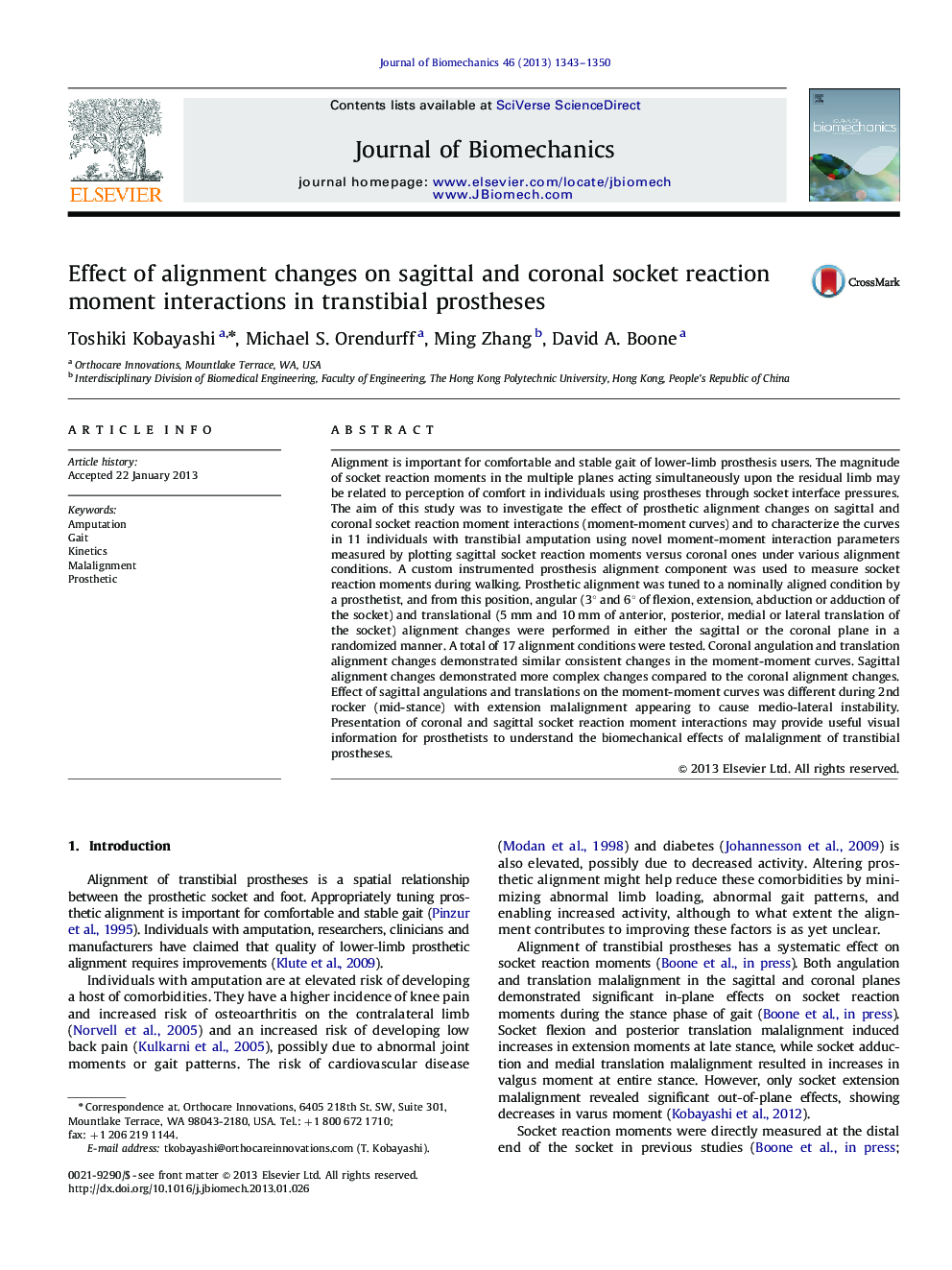 Effect of alignment changes on sagittal and coronal socket reaction moment interactions in transtibial prostheses