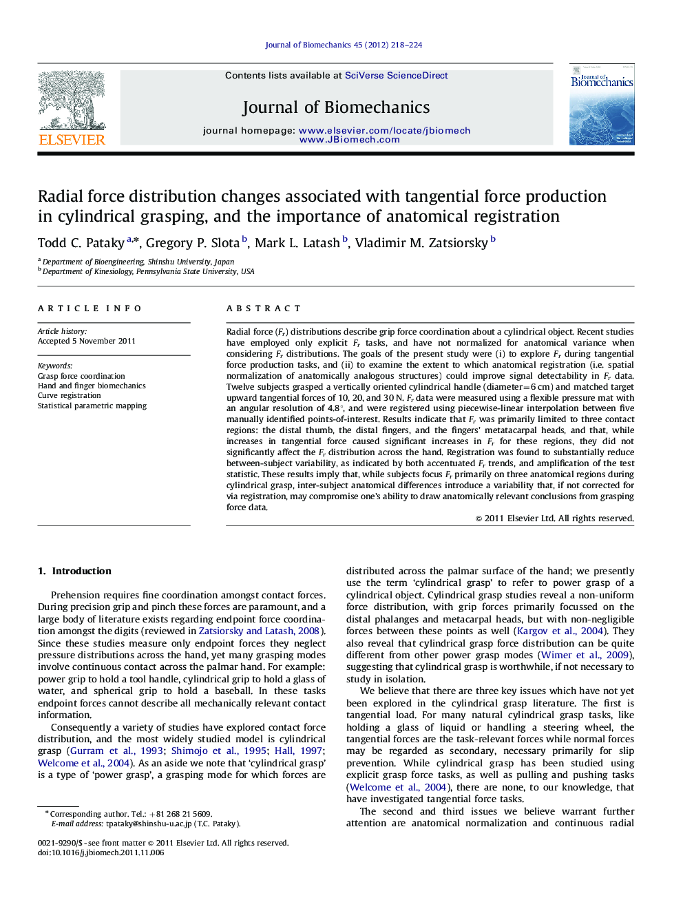 Radial force distribution changes associated with tangential force production in cylindrical grasping, and the importance of anatomical registration