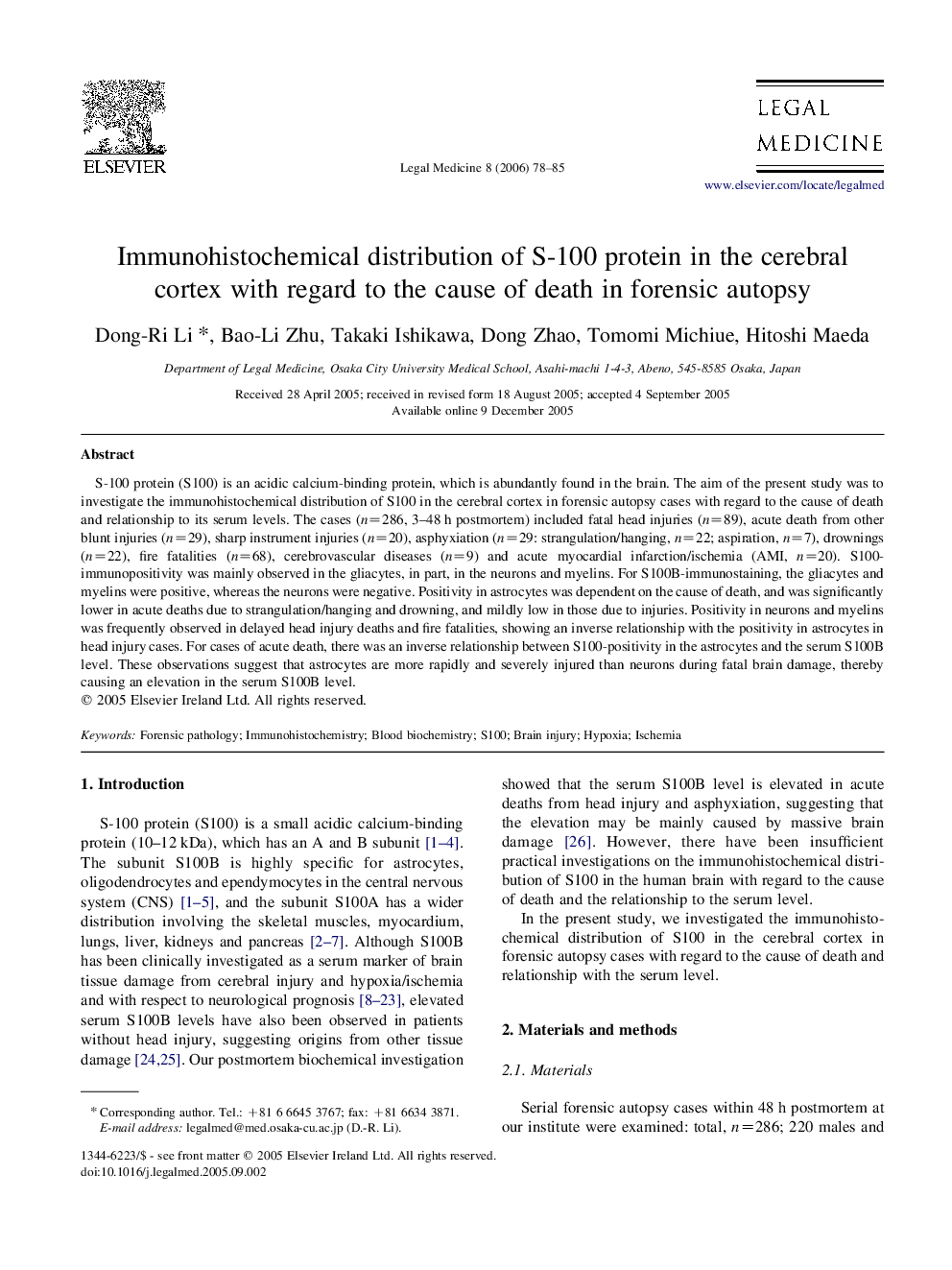 Immunohistochemical distribution of S-100 protein in the cerebral cortex with regard to the cause of death in forensic autopsy