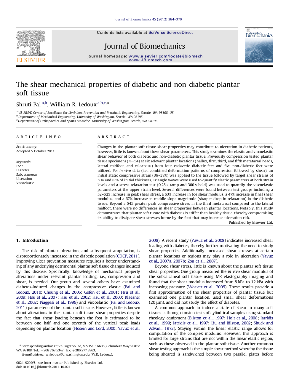 The shear mechanical properties of diabetic and non-diabetic plantar soft tissue