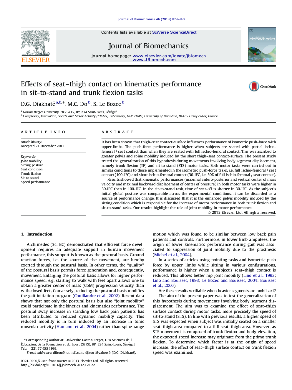 Effects of seat-thigh contact on kinematics performance in sit-to-stand and trunk flexion tasks