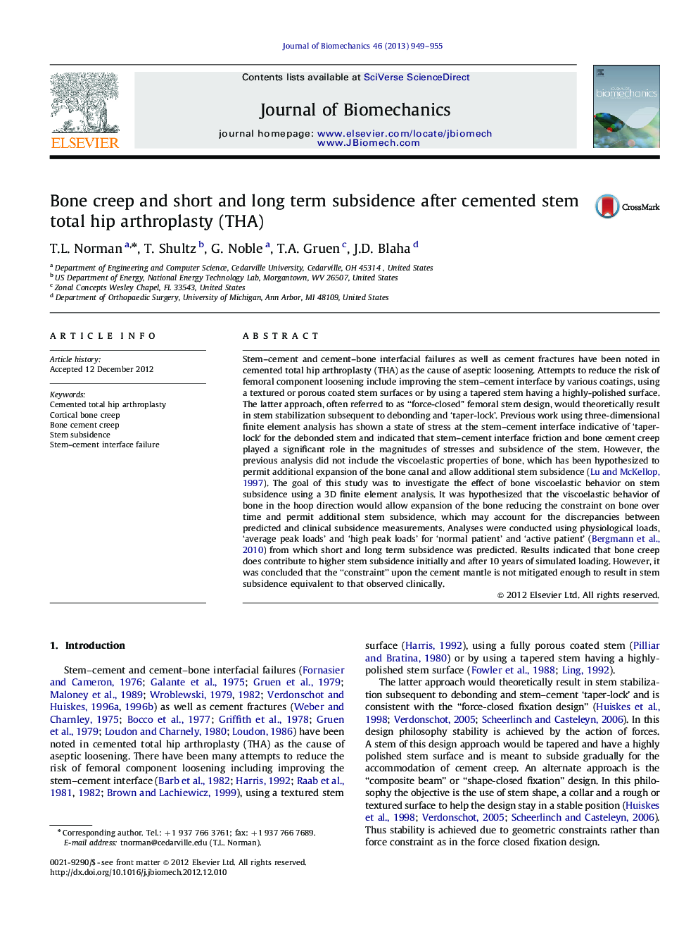 Bone creep and short and long term subsidence after cemented stem total hip arthroplasty (THA)