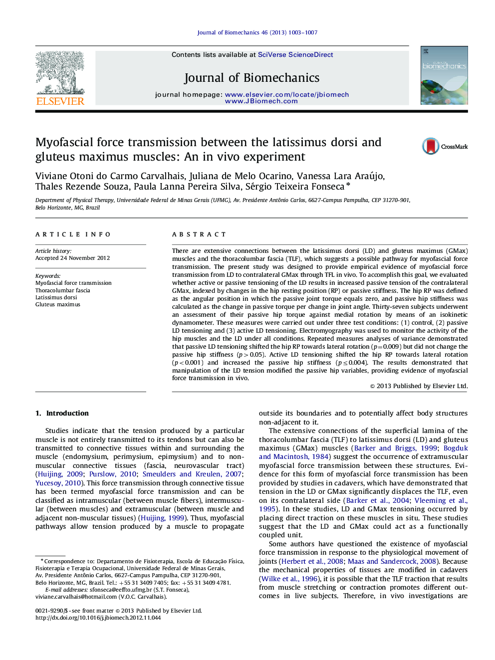 Myofascial force transmission between the latissimus dorsi and gluteus maximus muscles: An in vivo experiment