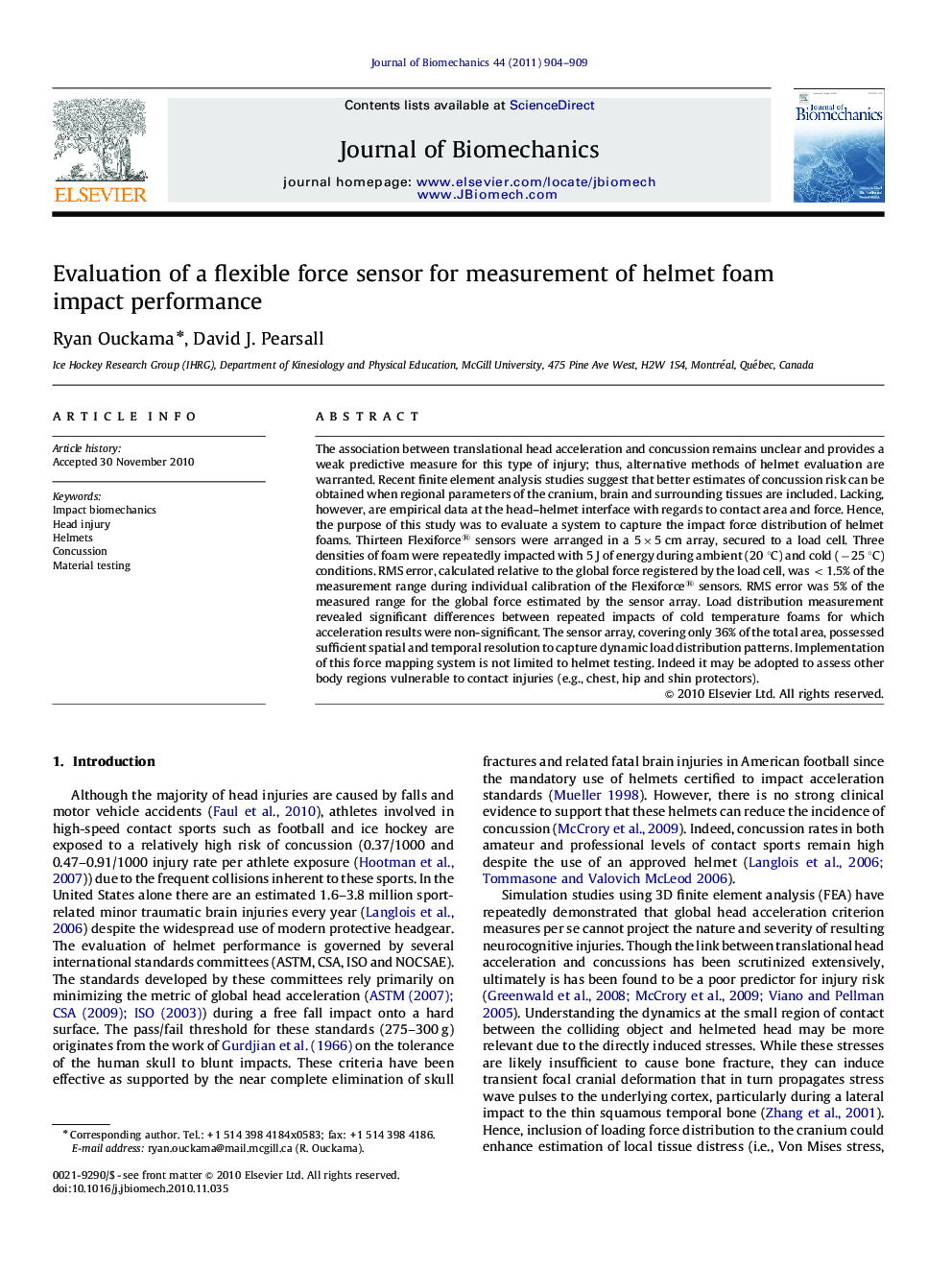 Evaluation of a flexible force sensor for measurement of helmet foam impact performance