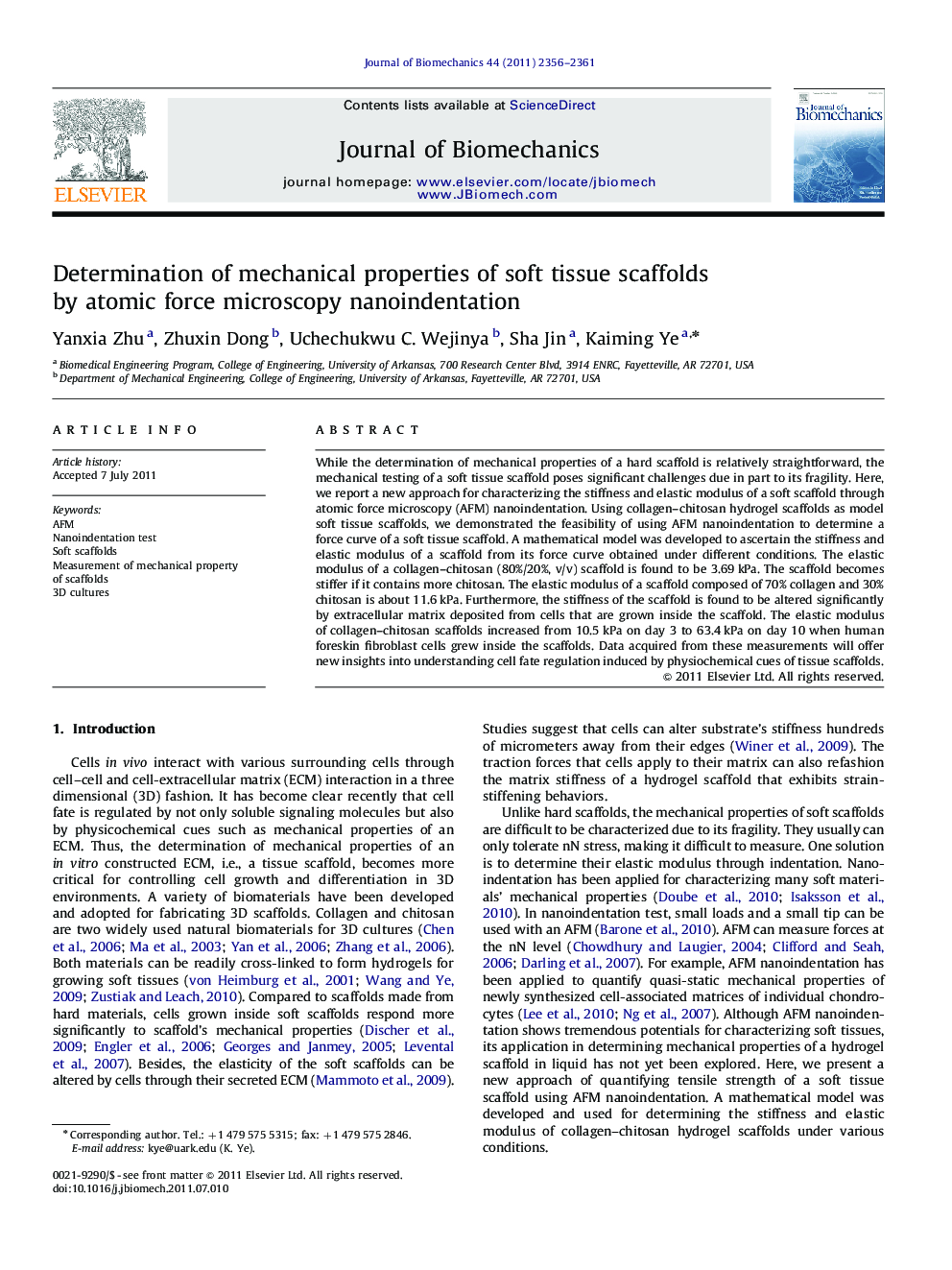 Determination of mechanical properties of soft tissue scaffolds by atomic force microscopy nanoindentation