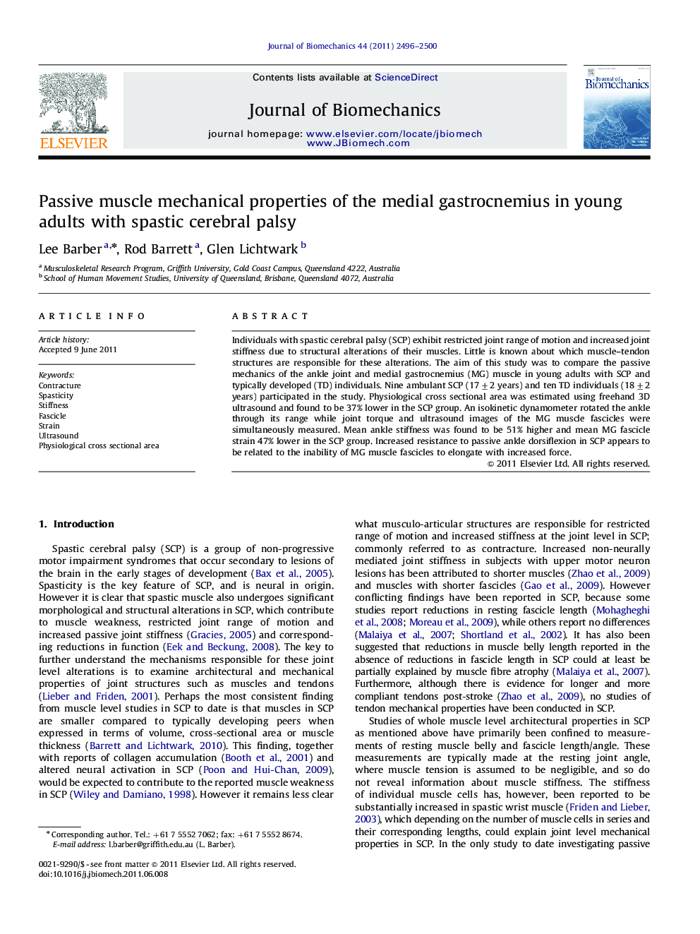 Passive muscle mechanical properties of the medial gastrocnemius in young adults with spastic cerebral palsy