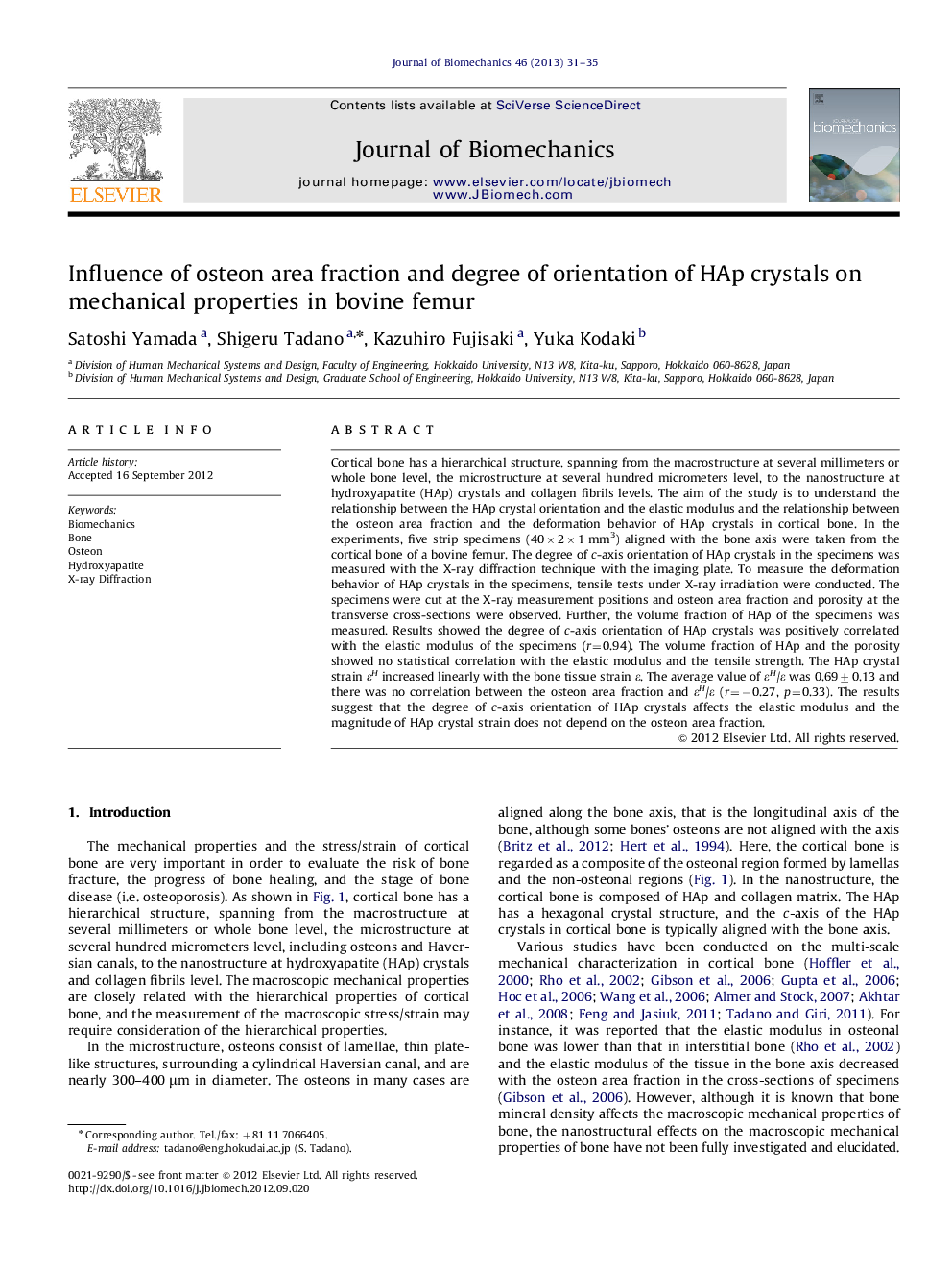 Influence of osteon area fraction and degree of orientation of HAp crystals on mechanical properties in bovine femur