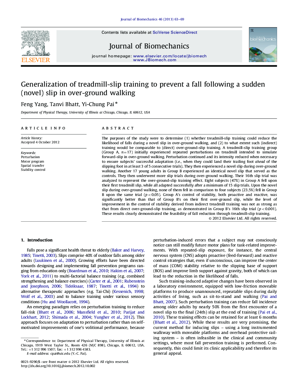 Generalization of treadmill-slip training to prevent a fall following a sudden (novel) slip in over-ground walking