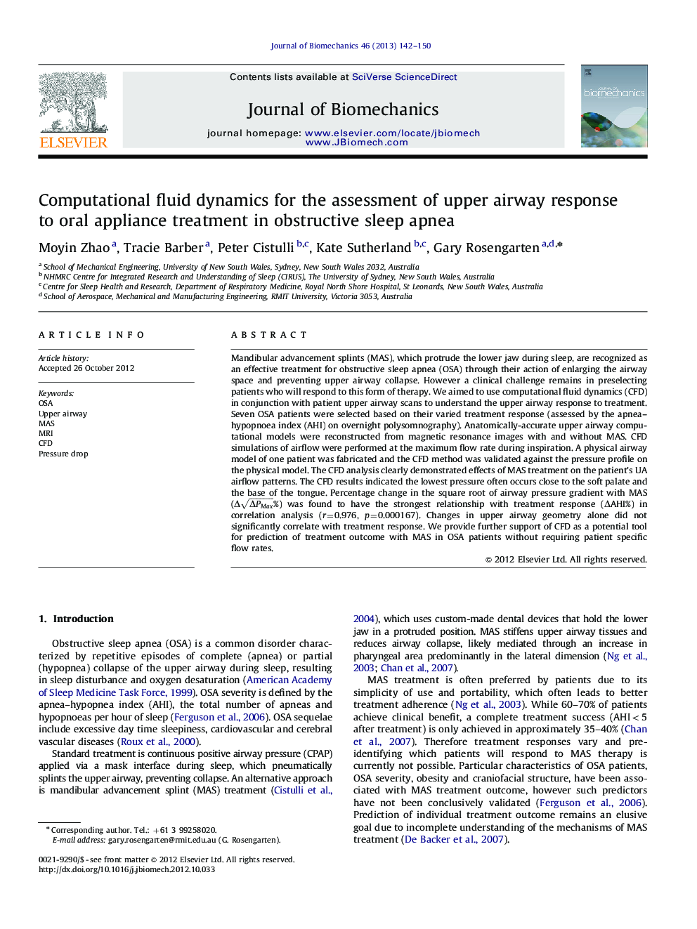Computational fluid dynamics for the assessment of upper airway response to oral appliance treatment in obstructive sleep apnea
