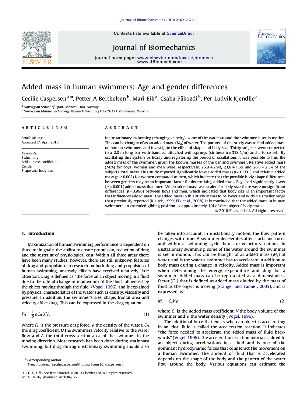 Added mass in human swimmers: Age and gender differences