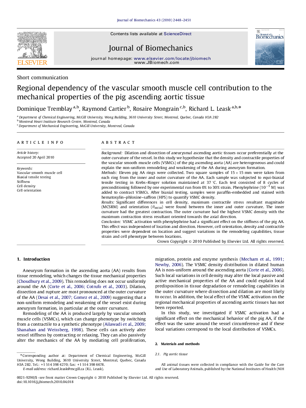 Regional dependency of the vascular smooth muscle cell contribution to the mechanical properties of the pig ascending aortic tissue