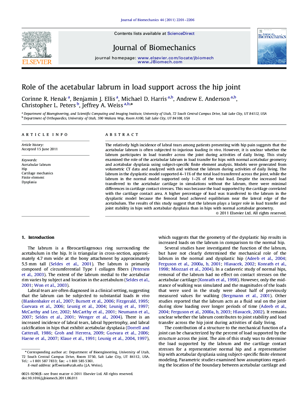 Role of the acetabular labrum in load support across the hip joint