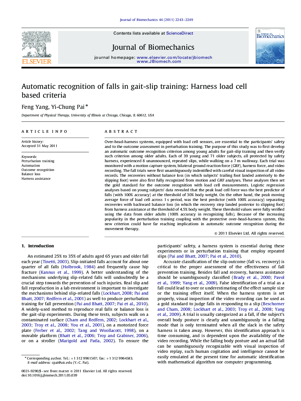 Automatic recognition of falls in gait-slip training: Harness load cell based criteria