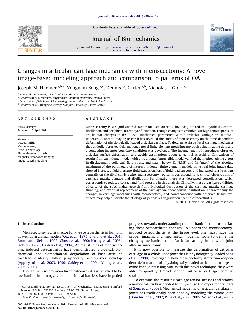 Changes in articular cartilage mechanics with meniscectomy: A novel image-based modeling approach and comparison to patterns of OA