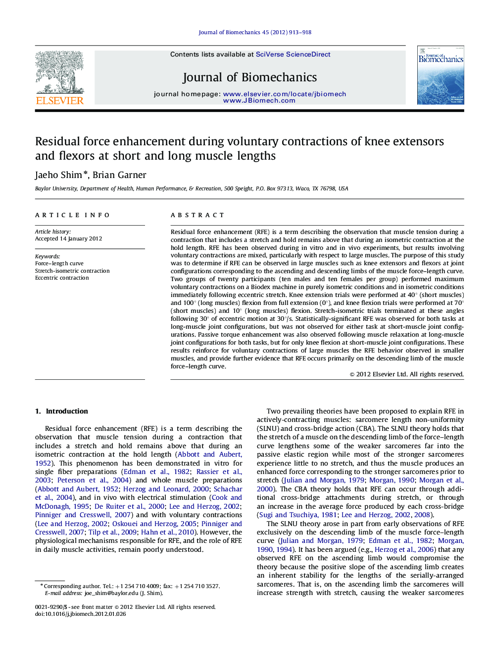 Residual force enhancement during voluntary contractions of knee extensors and flexors at short and long muscle lengths