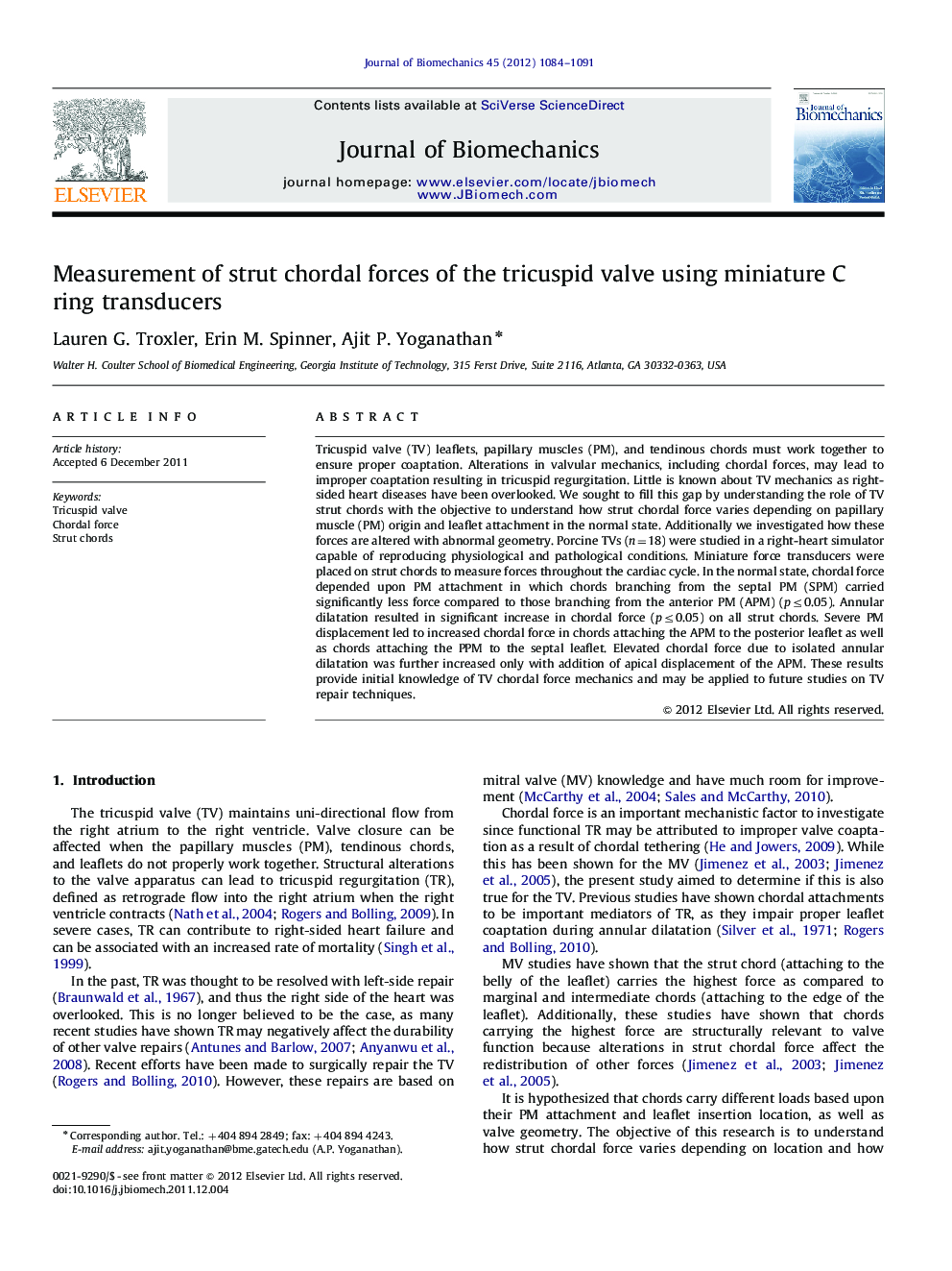 Measurement of strut chordal forces of the tricuspid valve using miniature C ring transducers
