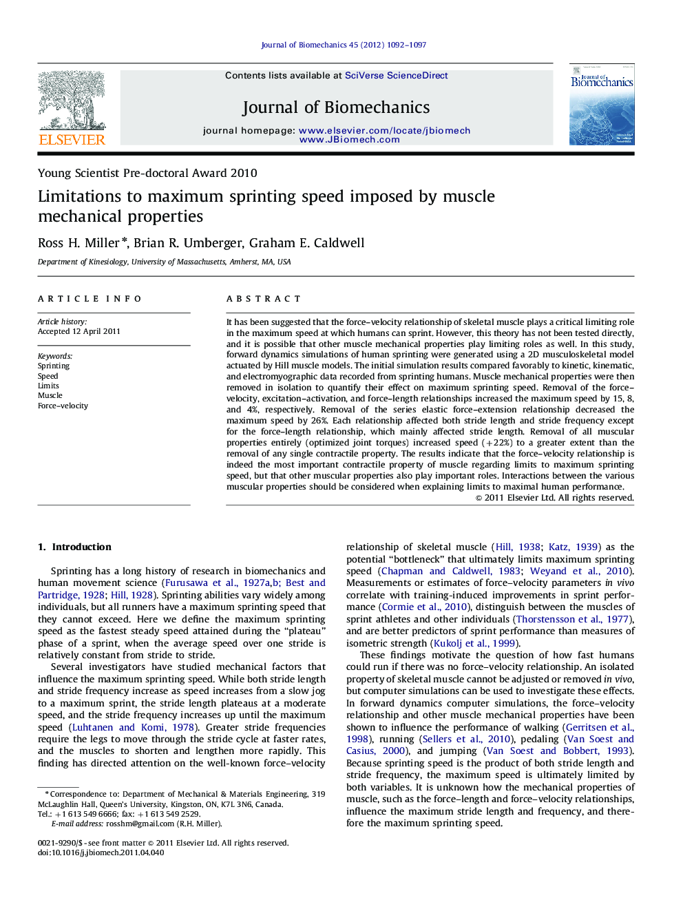 Limitations to maximum sprinting speed imposed by muscle mechanical properties