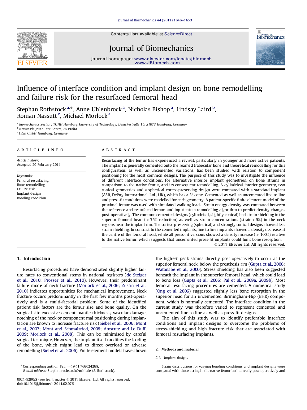 Influence of interface condition and implant design on bone remodelling and failure risk for the resurfaced femoral head