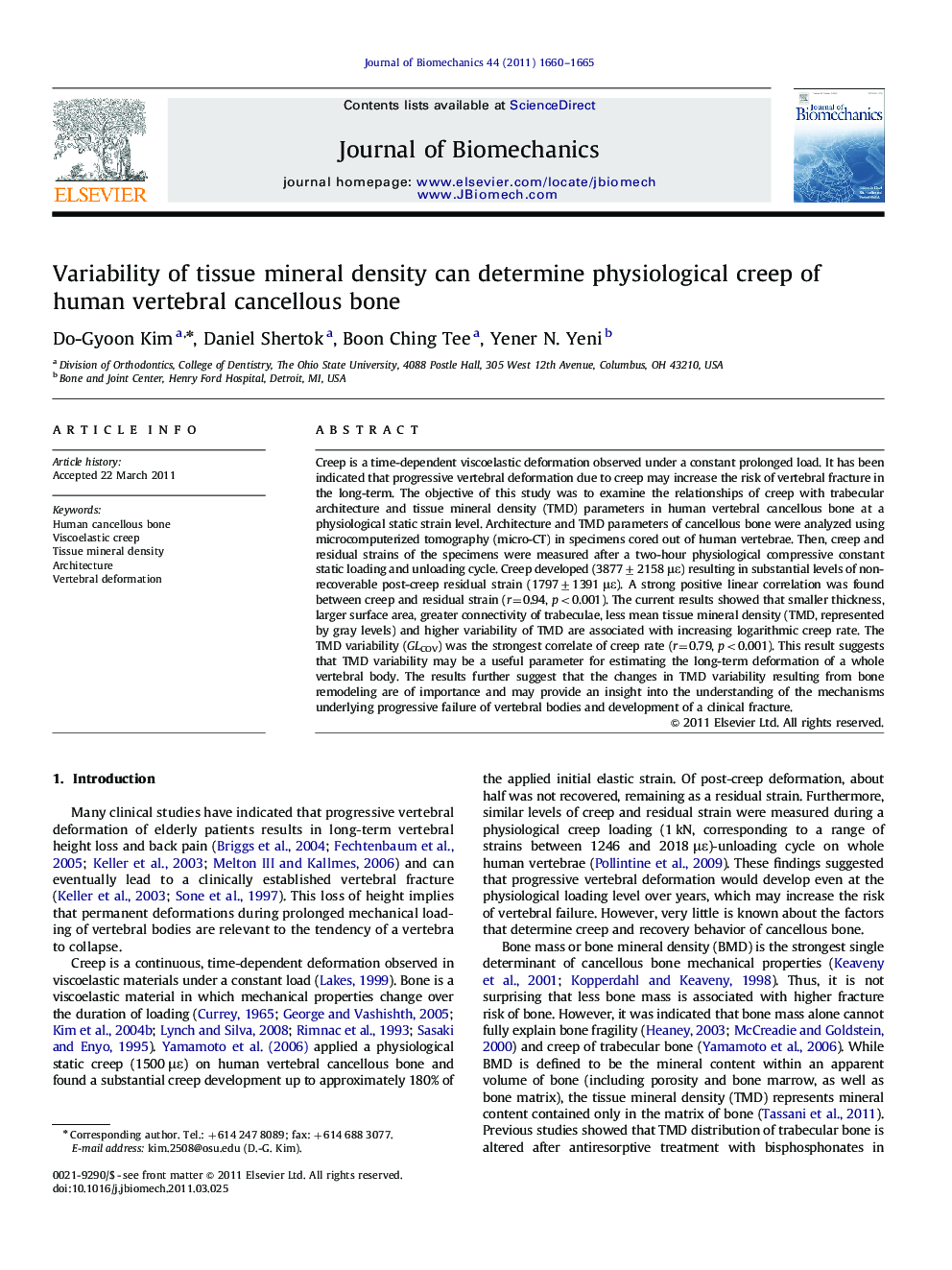 Variability of tissue mineral density can determine physiological creep of human vertebral cancellous bone